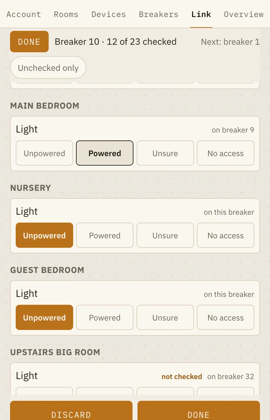 The app during a walk with breaker 10 off: 12 of 23 lights checked, the main bedroom light marked Powered, the nursery and guest bedroom lights marked Unpowered and shown as on this breaker, the upstairs light not checked yet.